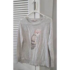 LOFT Crewneck Classy Owl Sweater Gray Small Pullover Knit Graphic